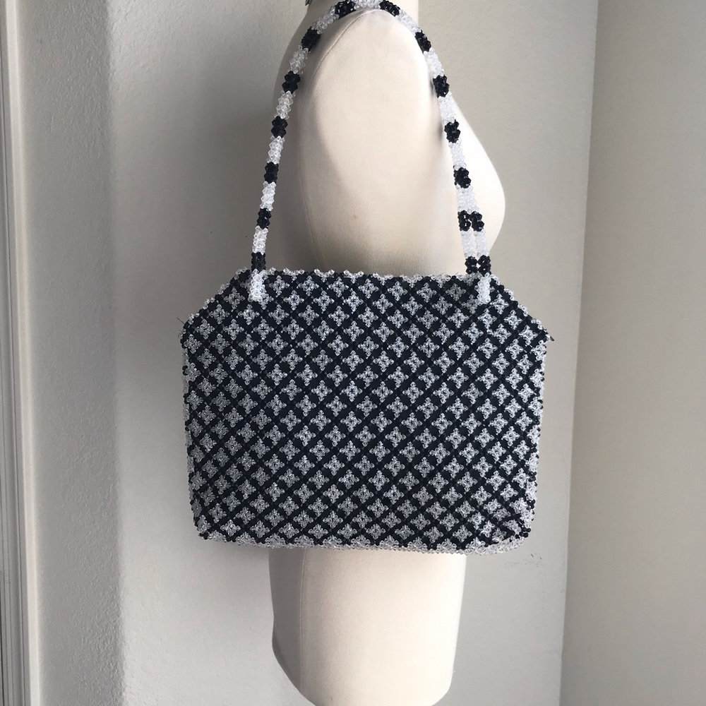Vintage Purse Acrylic Beads Black & White Handmade Bag Handbag Double Strap Tote
